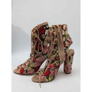 Jubilee Womens Size 6 Floral Embroidered Lace Up Heels Peep Toe Booties 4.5"
